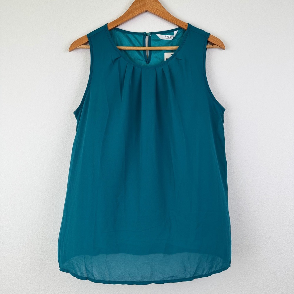 Beyove Blouse Women Large Teal New Pleated Round Neck Chiffon Sleeveless Chic